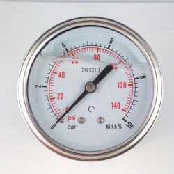 Glycerine filled pressure gauge 10 Bar diameter dn 63mm back