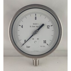 Stainless steel pressure gauge 16 Bar dn 150mm bottom 1/2"NPT